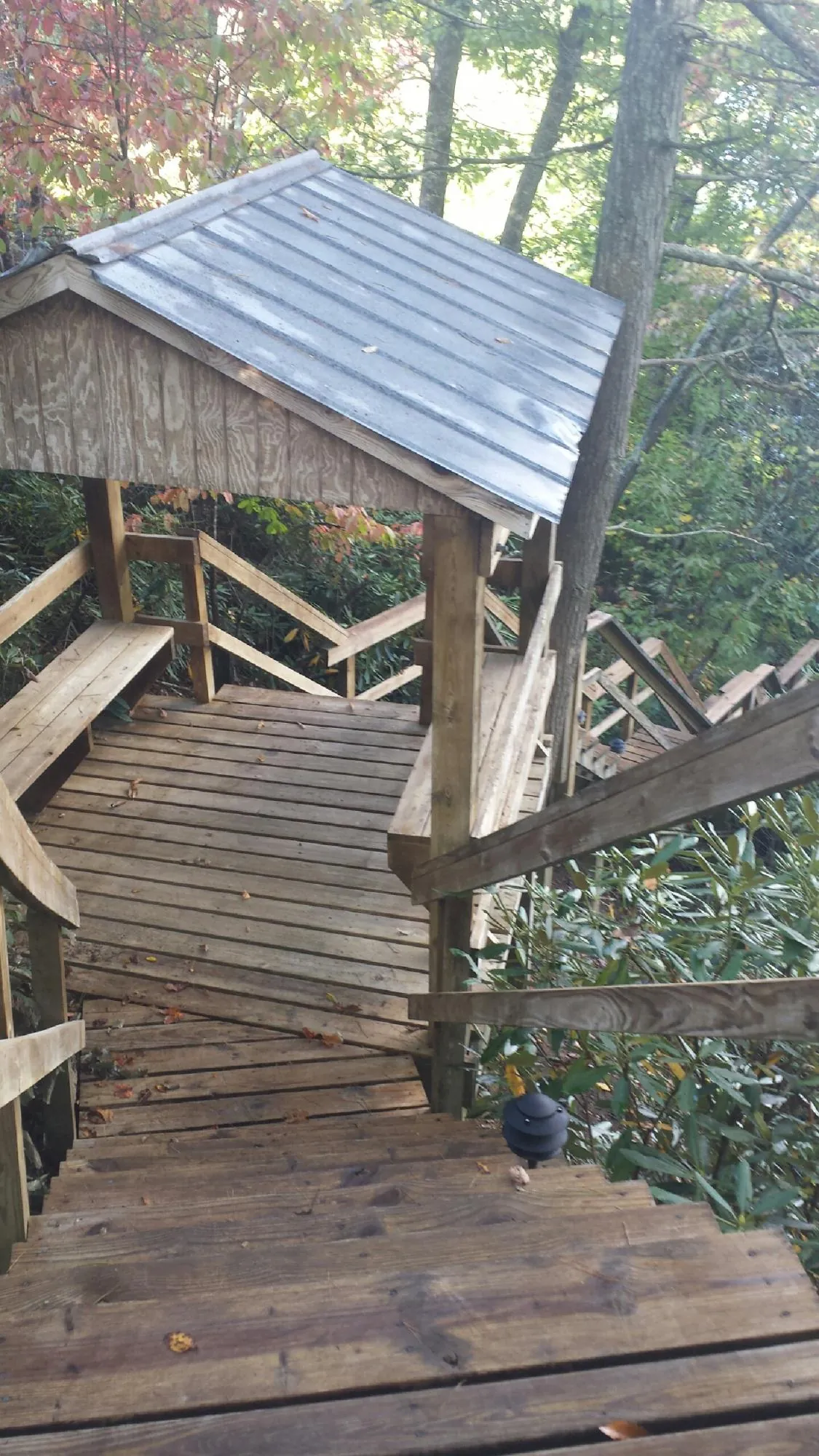 Metal roofed shelter over wooden steps on a wooded walkway — Skylight Repair & Installation work by our crew in Sutter Creek